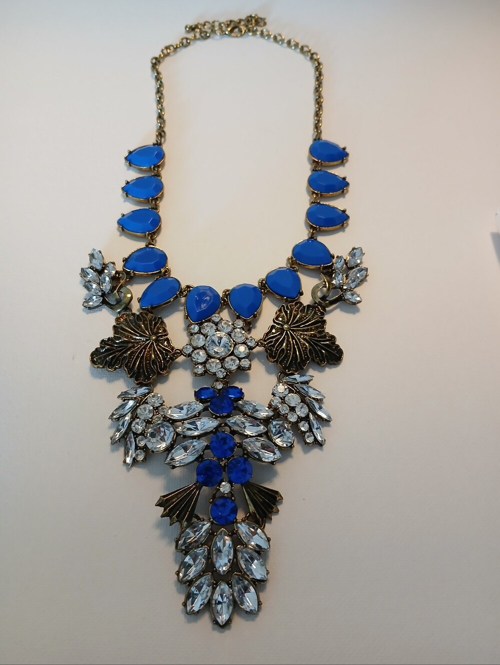 Vintage Blue & Gold Tone Staement Necklace With Crystal Accents